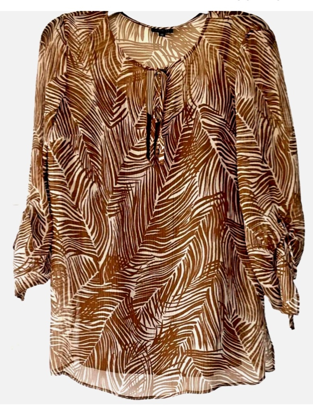 Talbots 100% Silk Brown Print Blouse XS Tie Neck Sheer Top w/ Camisole